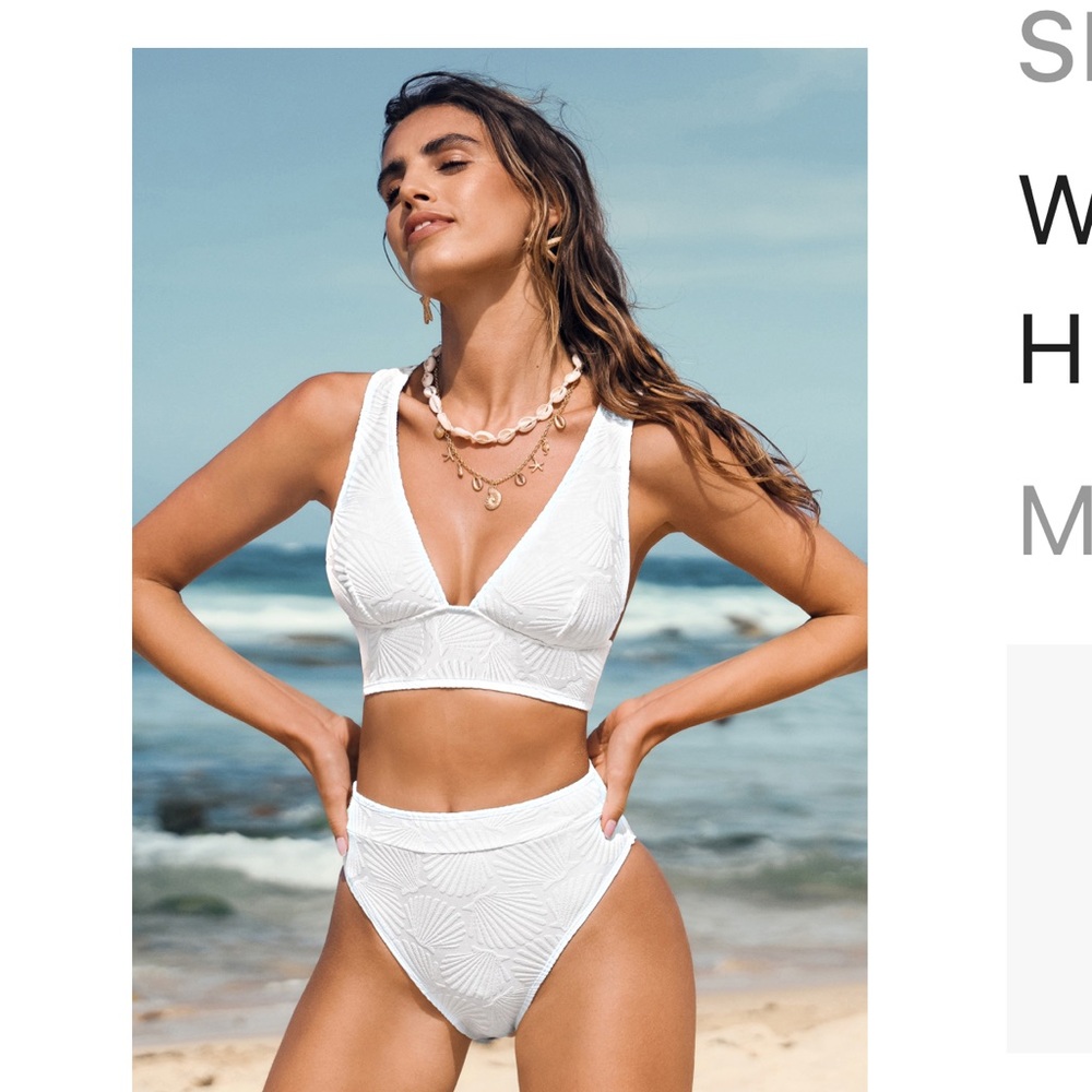 Cupshe White Bikini Set with Plunging V-Neck and High-Waisted Bottoms